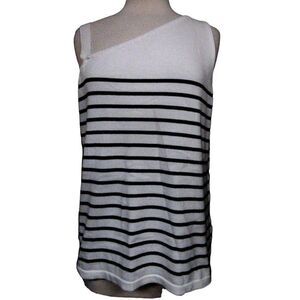 August Silk Nautical Stripe Knit Top Black & Cream Angled Neckline Cotton XL NEW